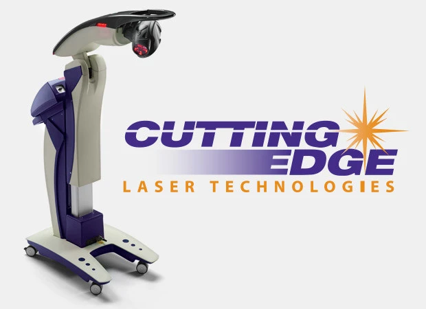Mobile laser therapy device with articulated arm and wheeled base, displayed beside the Cutting Edge Laser Technologies logo.